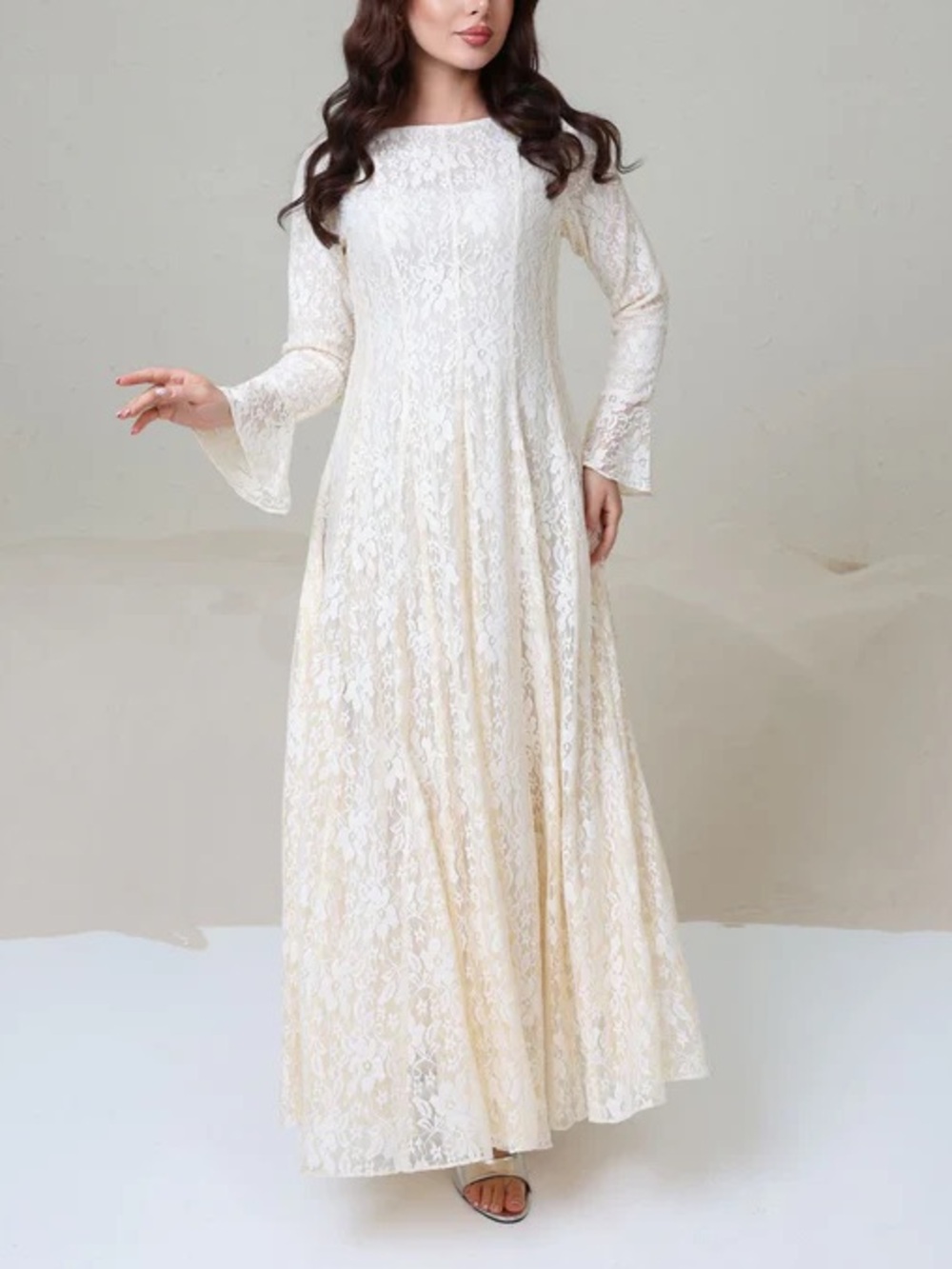 Elegant Ivory Lace Panel Long-Sleeve Maxi Dress